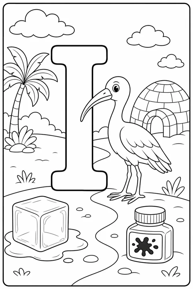 Letter I Letter I With Ibis Bird printable coloring page