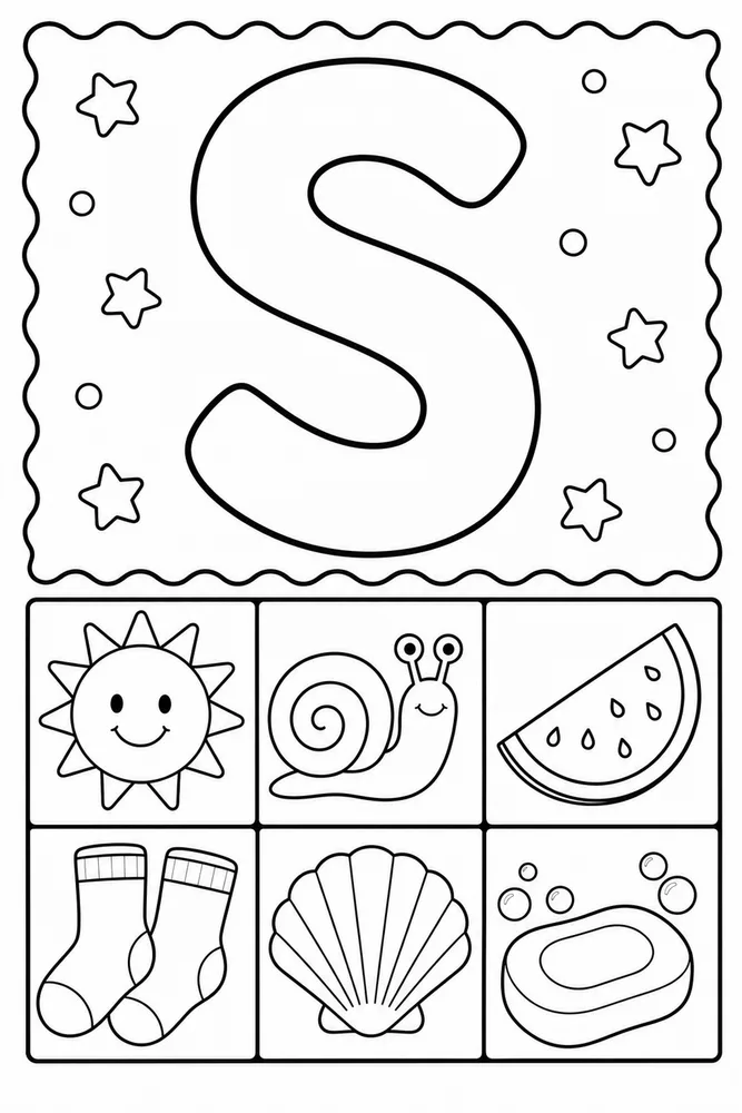 Letter S Letter S Phonics Picture Grid printable coloring page