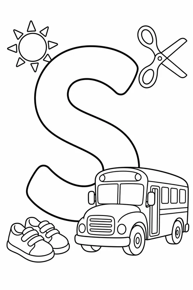 Letter S Letter S With School Bus printable coloring page