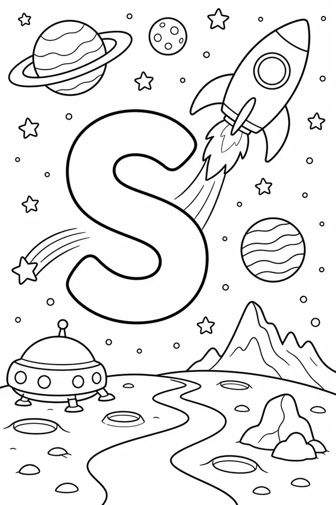 Letter S Letter S With Spaceship printable coloring page