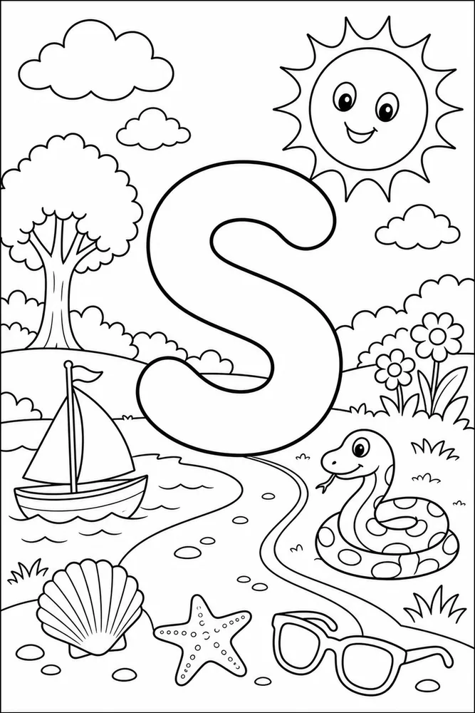 Letter S Letter S With Sun printable coloring page