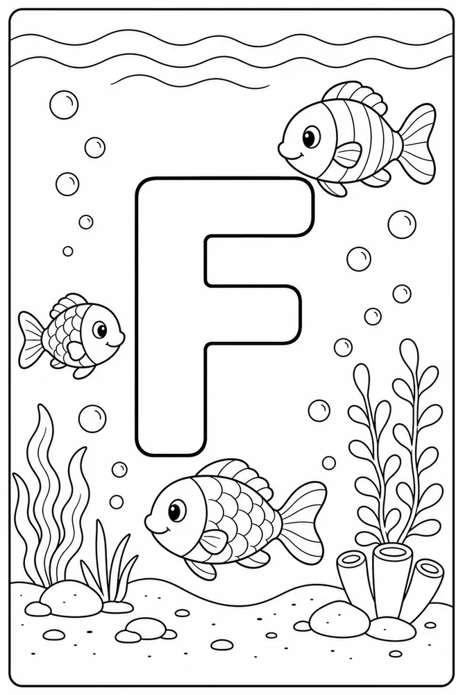 Preschool Alphabet Letter f fish coloring page