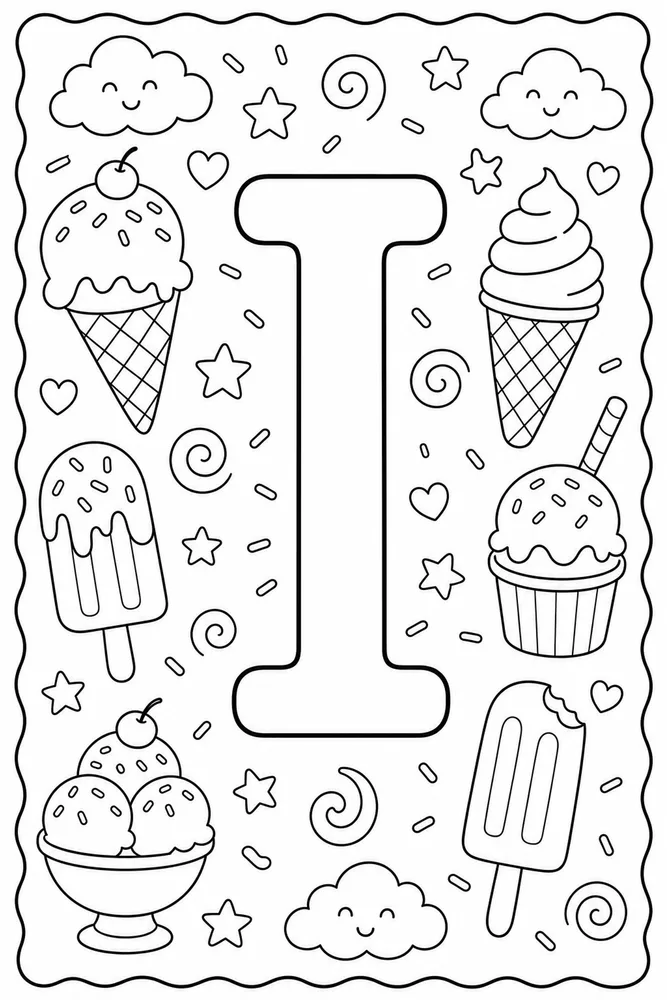Preschool Alphabet Letter i ice cream coloring page