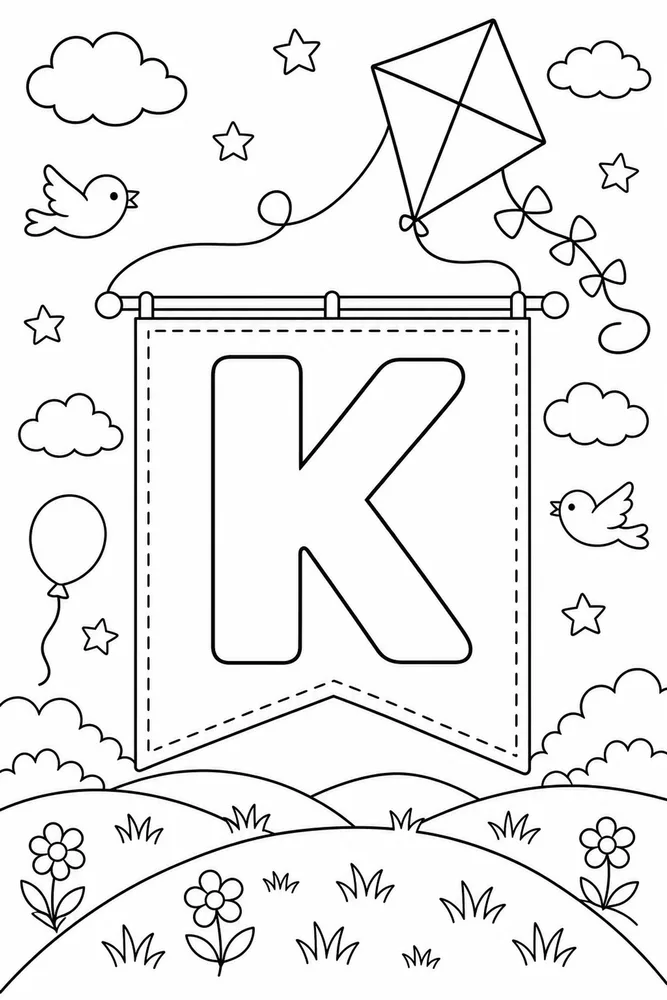 Preschool Alphabet Letter k kite coloring page