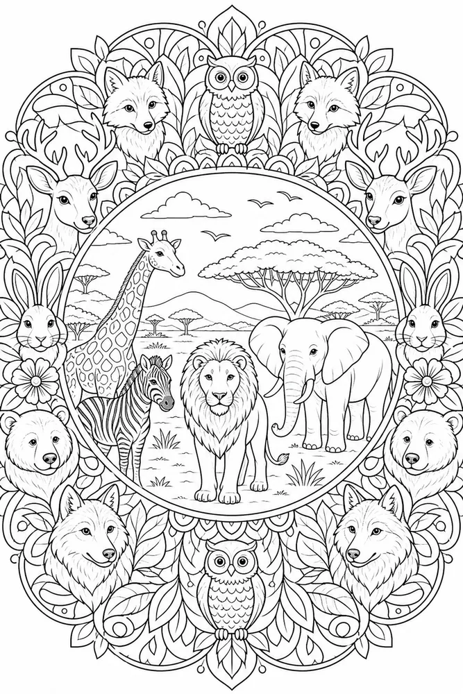 Adult Animal Balanced Mandala Frame coloring page