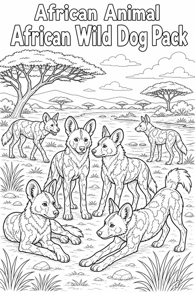African Animal African Wild Dog Pack printable coloring page