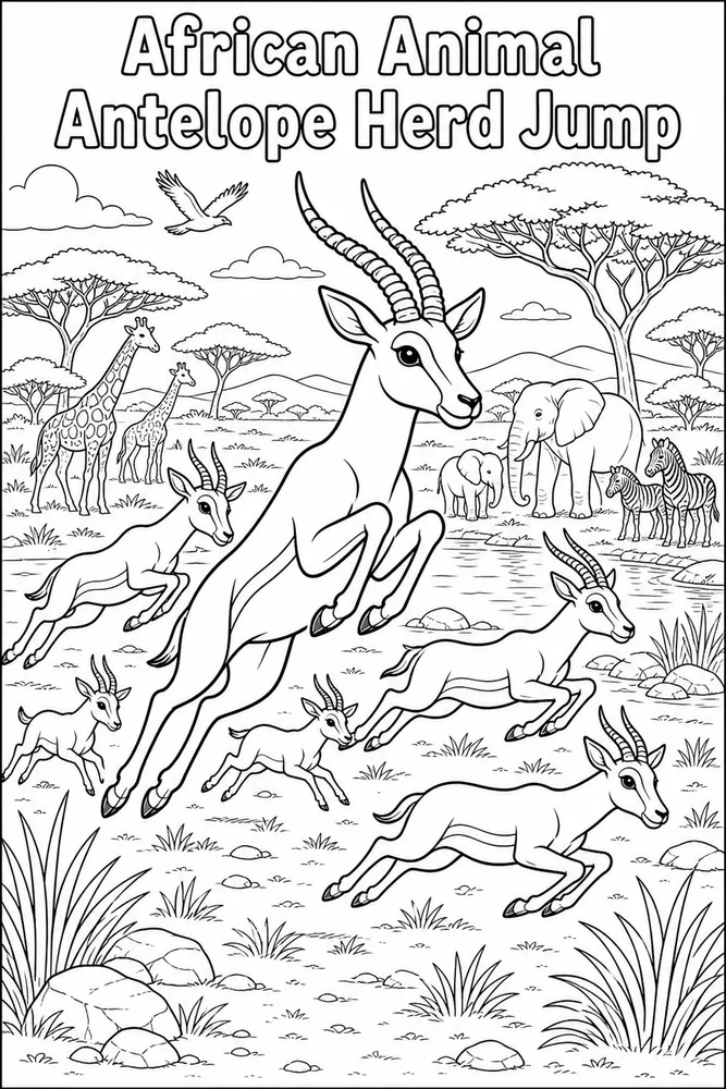 African Animal Antelope Herd Jump printable coloring page