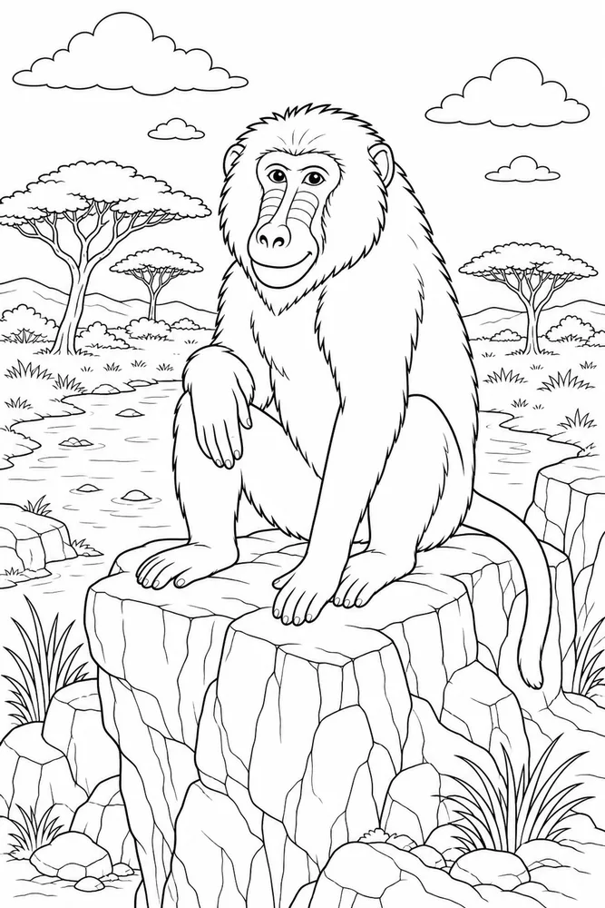 African Animal Baboon Cliff Rocks printable coloring page