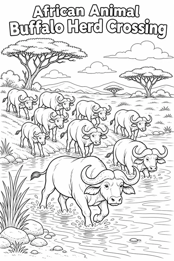 African Animal Buffalo Herd Crossing printable coloring page