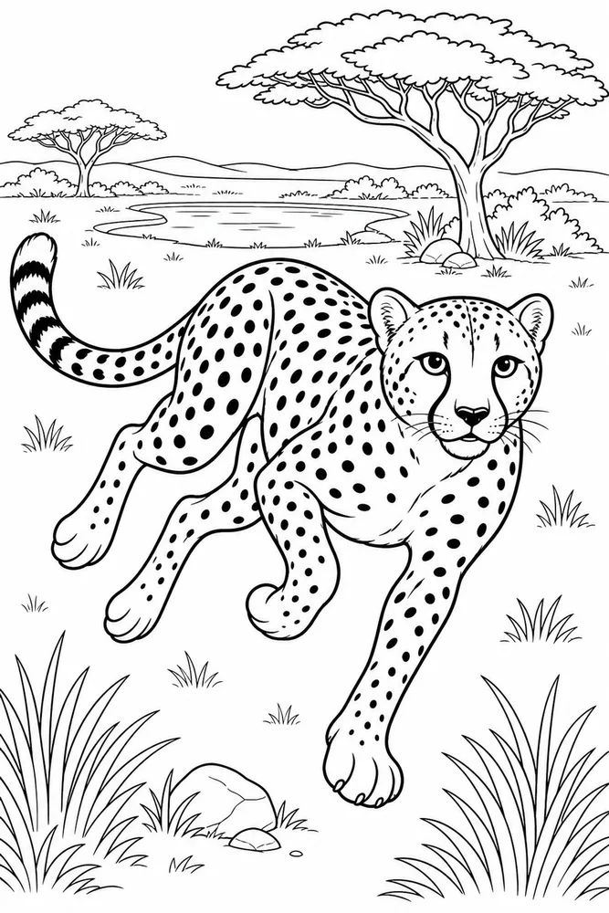 African Animal Cheetah Running Pose printable coloring page