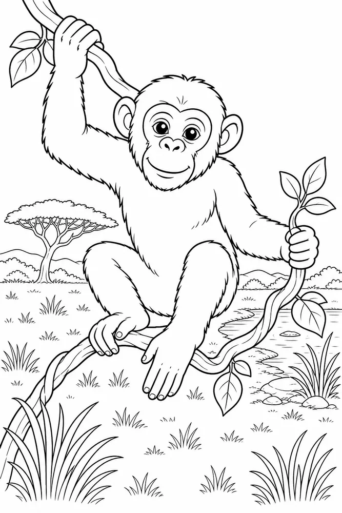 African Animal Chimpanzee Vine Branch printable coloring page
