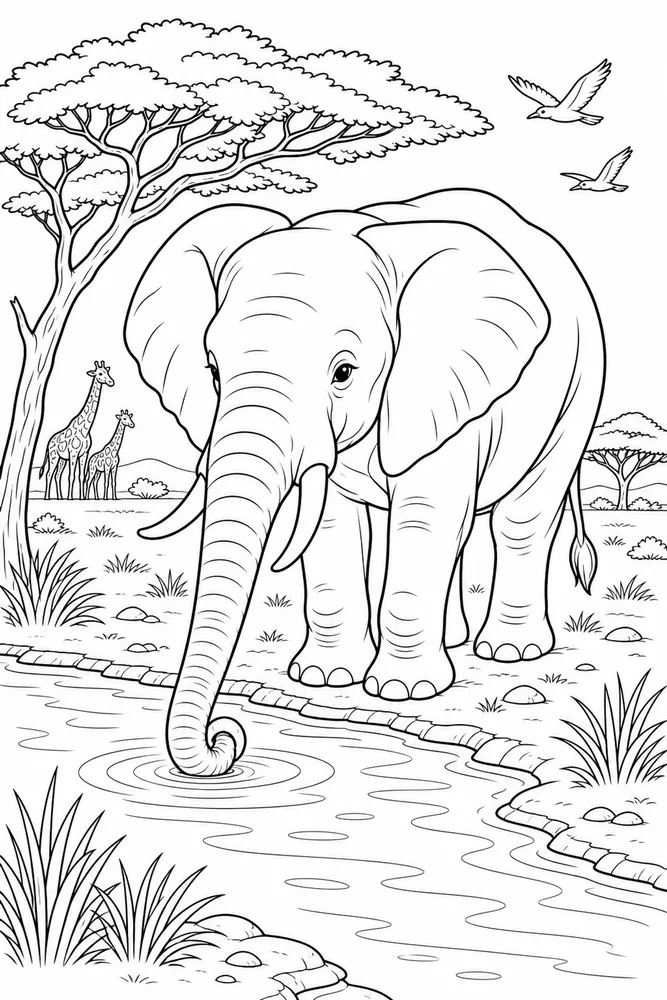 African Animal Elephant Watering Hole printable coloring page