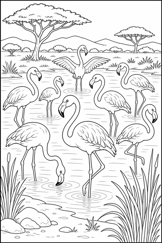 African Animal Flamingo Lake Group printable coloring page