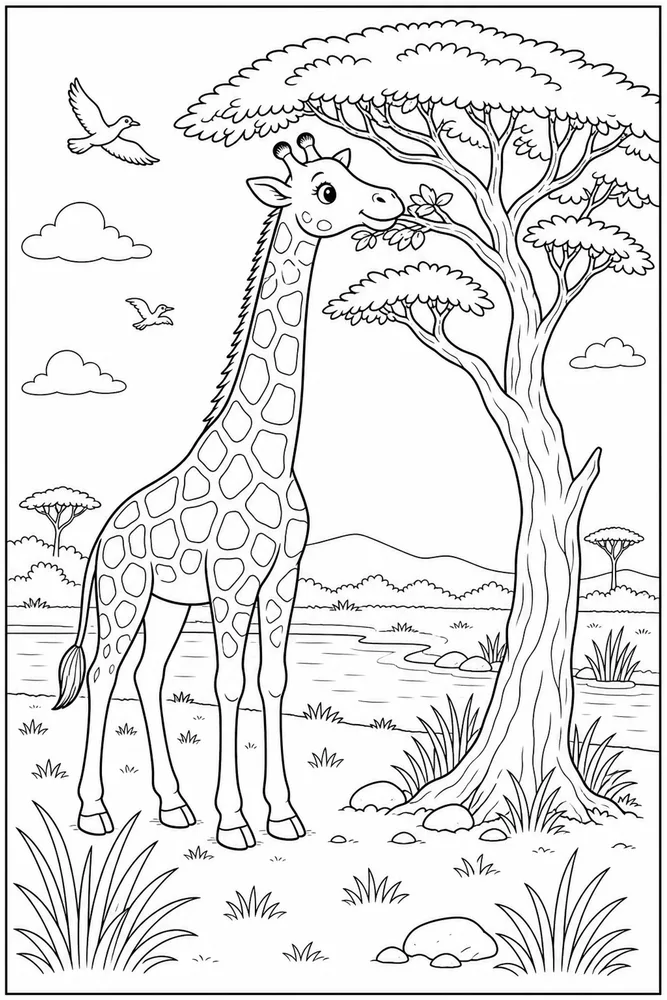 African Animal Giraffe Acacia Tree printable coloring page