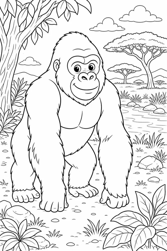 African Animal Gorilla Forest Clearing printable coloring page