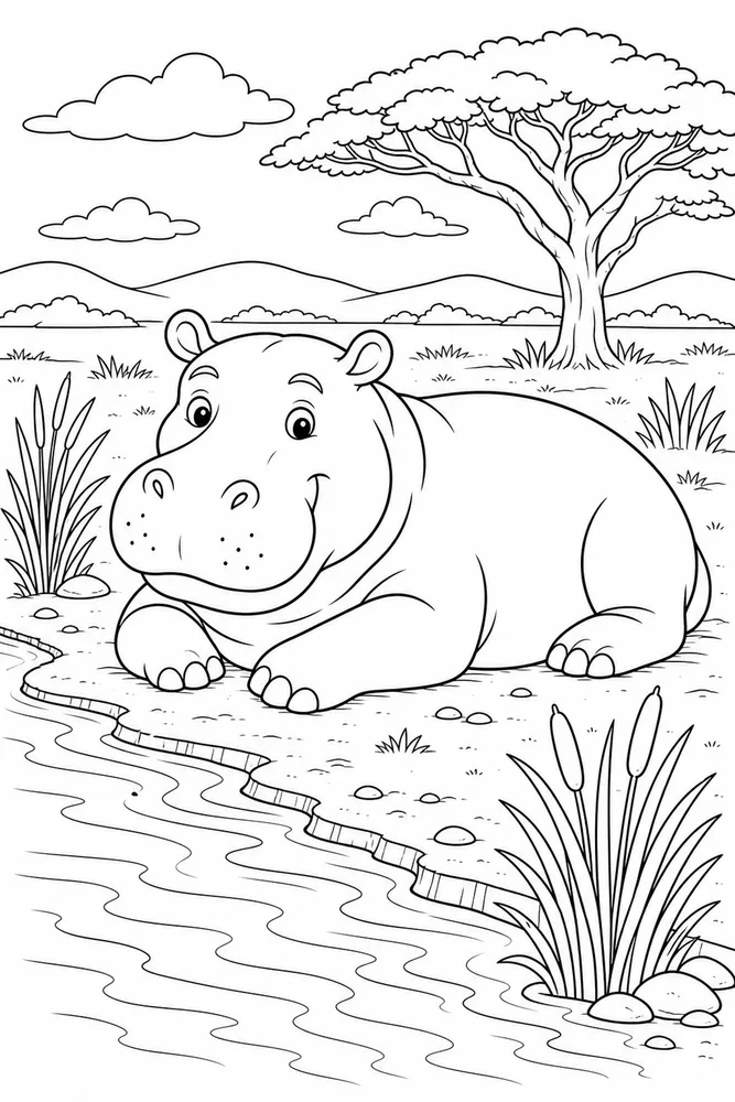 African Animal Hippo Riverbank Rest printable coloring page