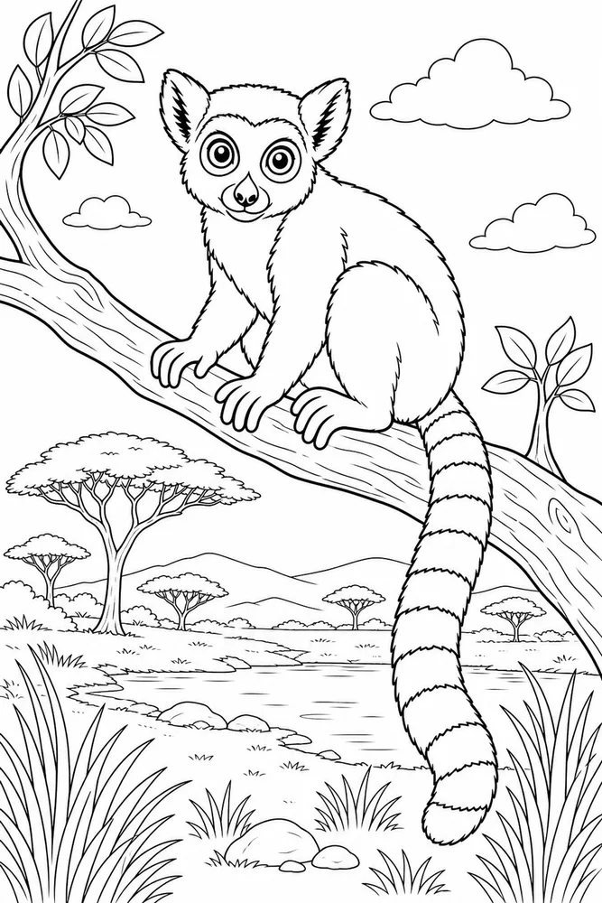 African Animal Lemur Tree Branch printable coloring page