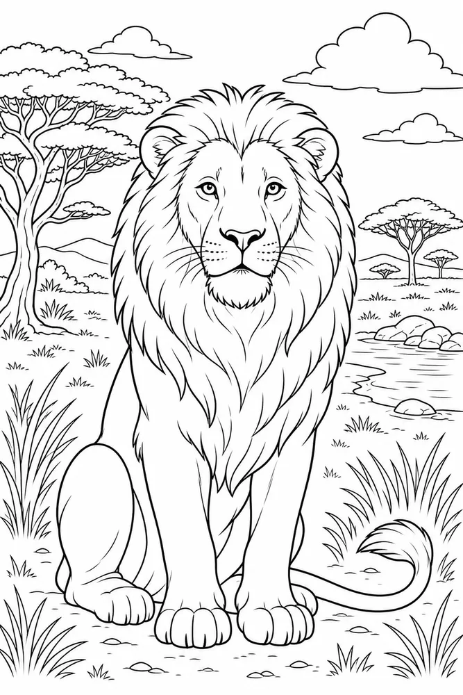 African Animal Coloring Pages preview: African Animal Lion Savanna Portrait printable coloring page