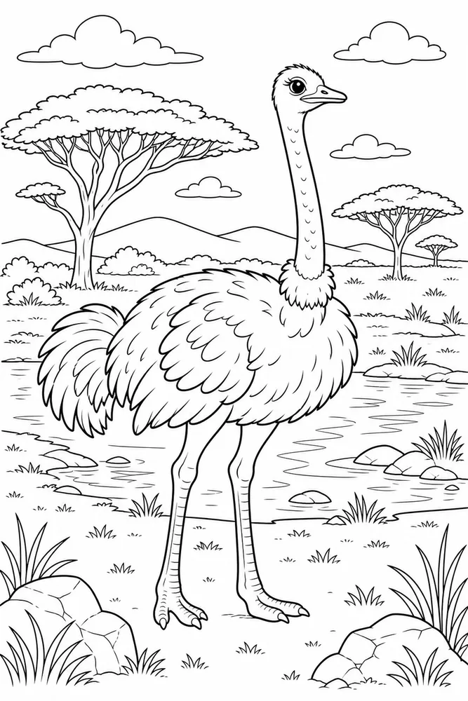 African Animal Ostrich Plains Scene printable coloring page