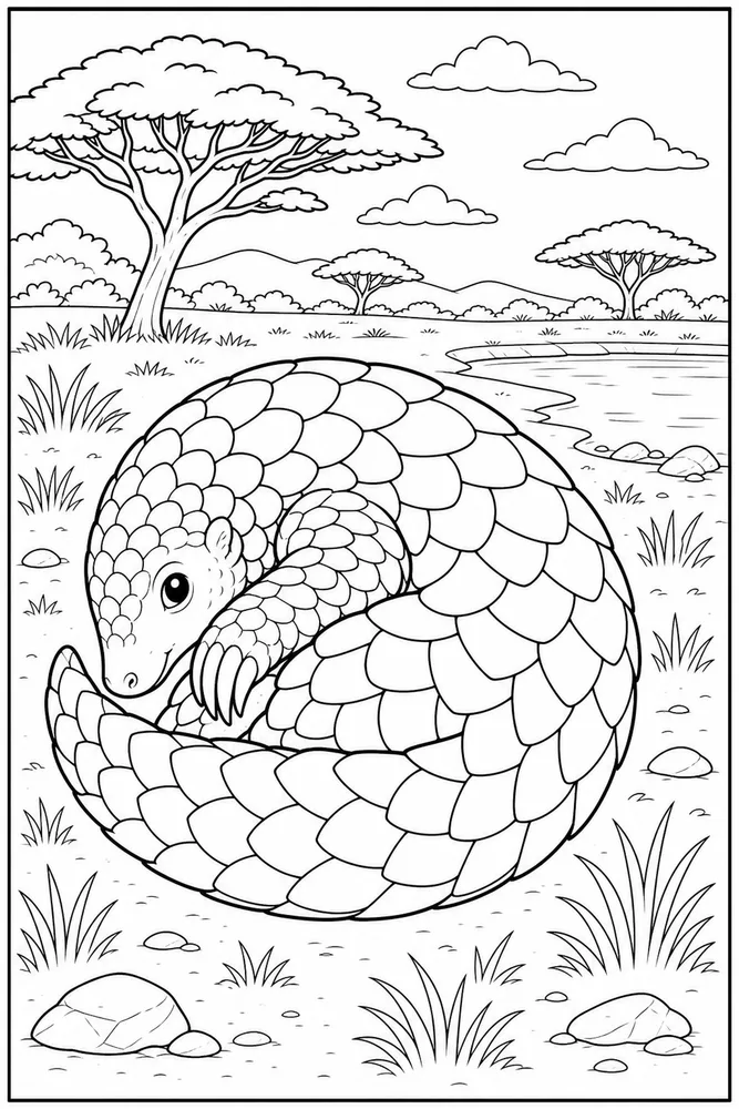 African Animal Pangolin Curled Pose printable coloring page