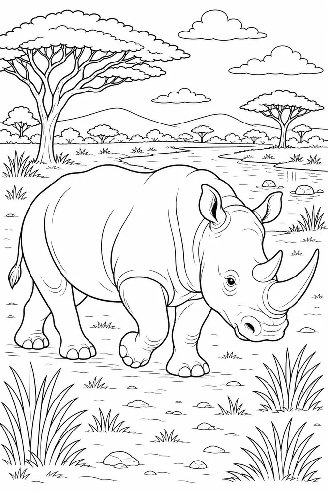 African Animal Rhino Grassland Walk printable coloring page