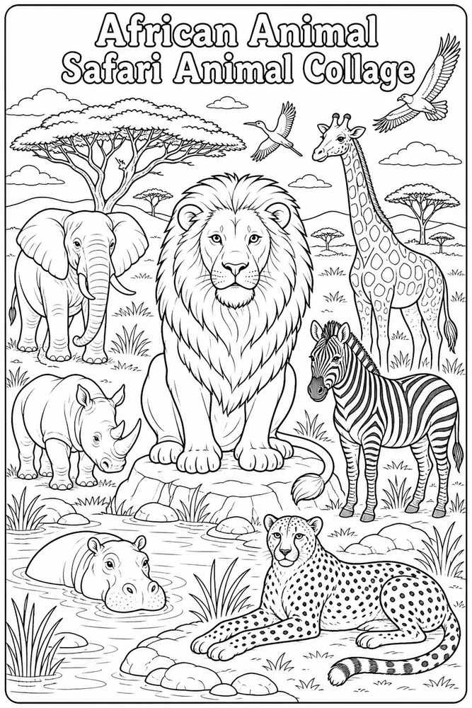 African Animal Safari Animal Collage printable coloring page