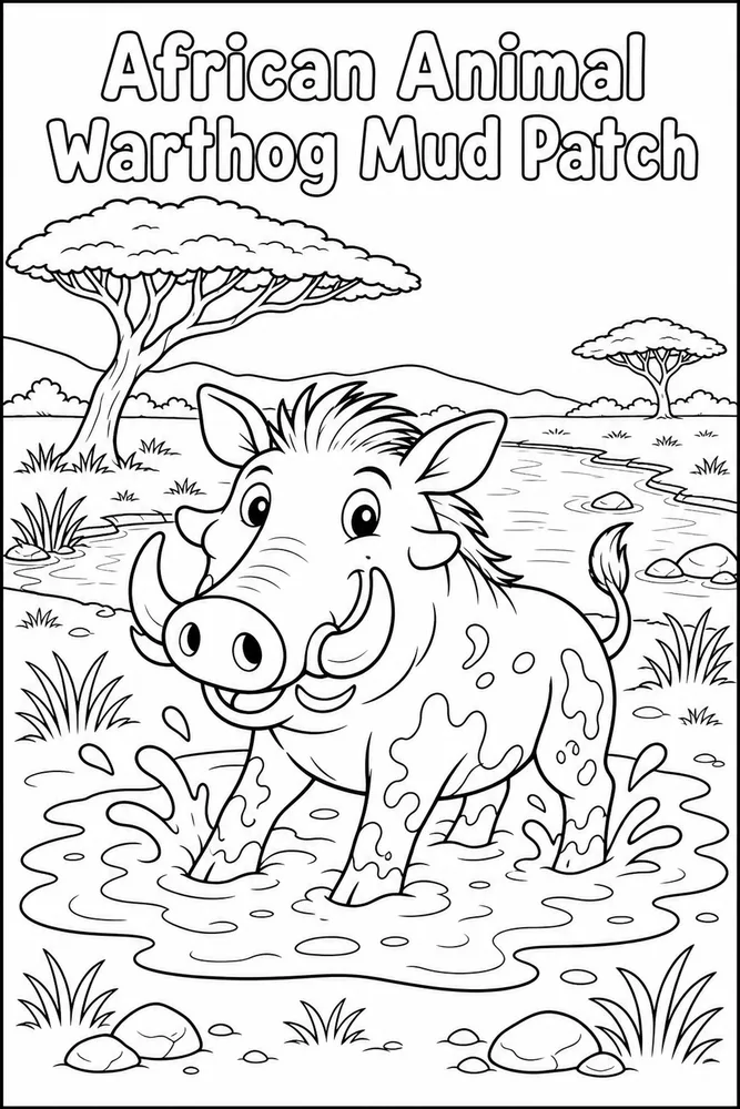 African Animal Warthog Mud Patch printable coloring page