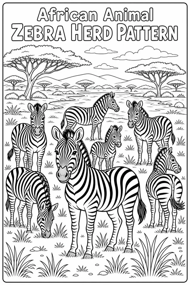 African Animal Zebra Herd Pattern printable coloring page