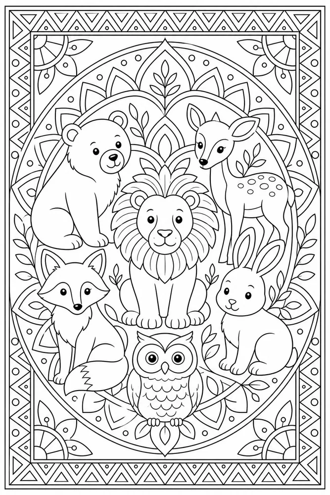 Animal Mandala Geometric Border coloring page