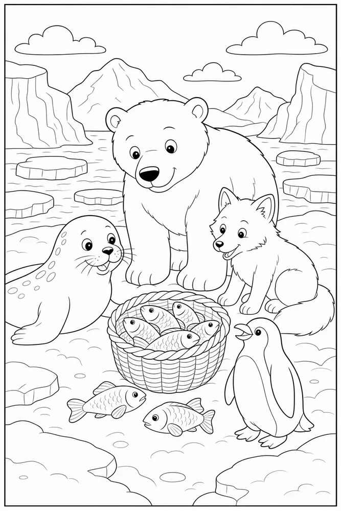 Arctic Animals Fish Basket coloring page