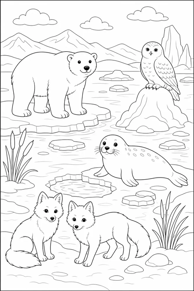 Arctic Animals Frozen Pond coloring page