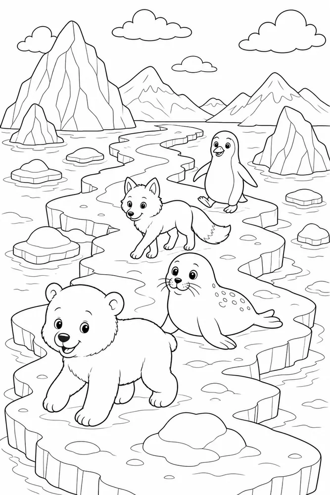 Arctic Animals Iceberg Path coloring page