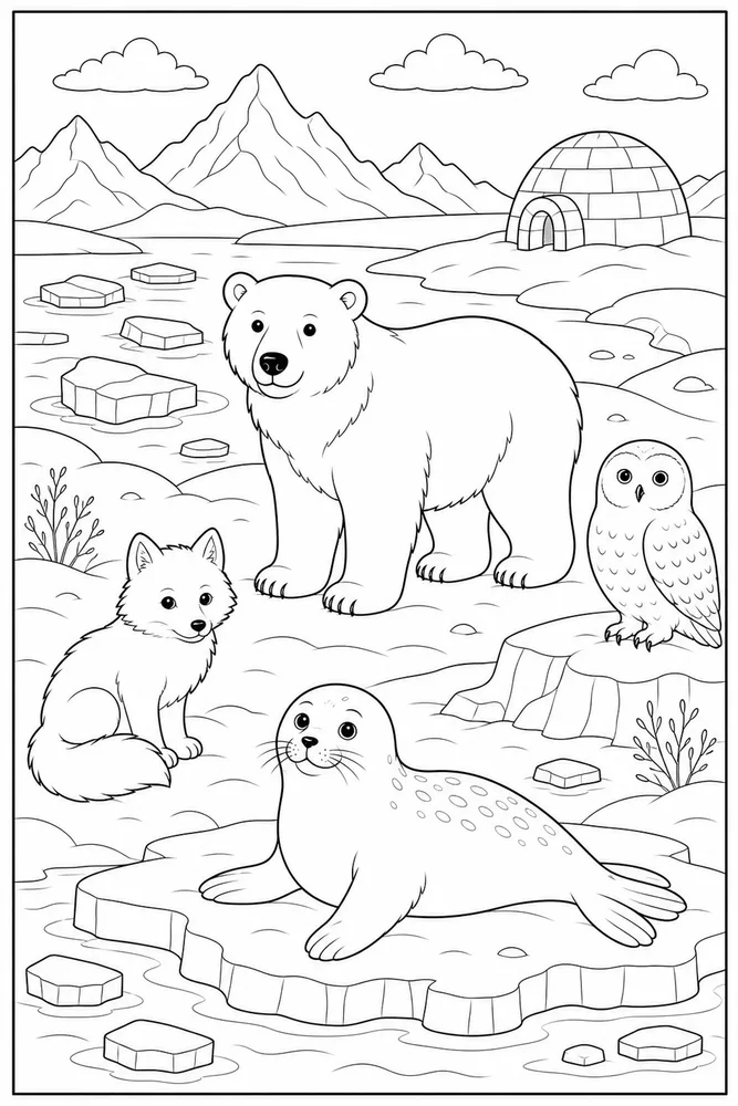 Arctic Animals Igloo Distance coloring page