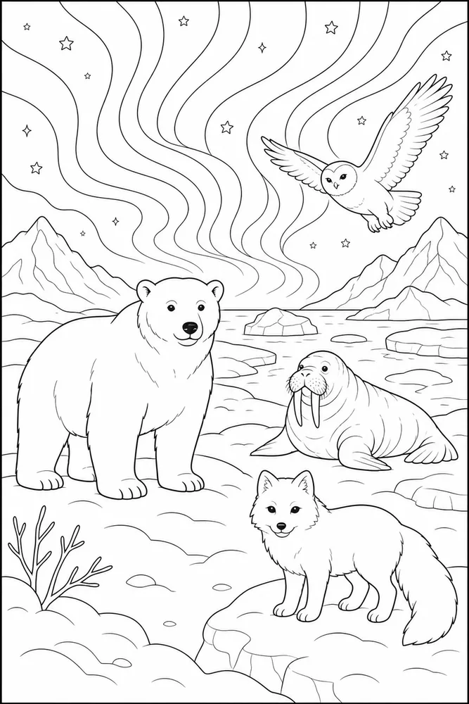 Arctic Animals Northern Lights Sky coloring page