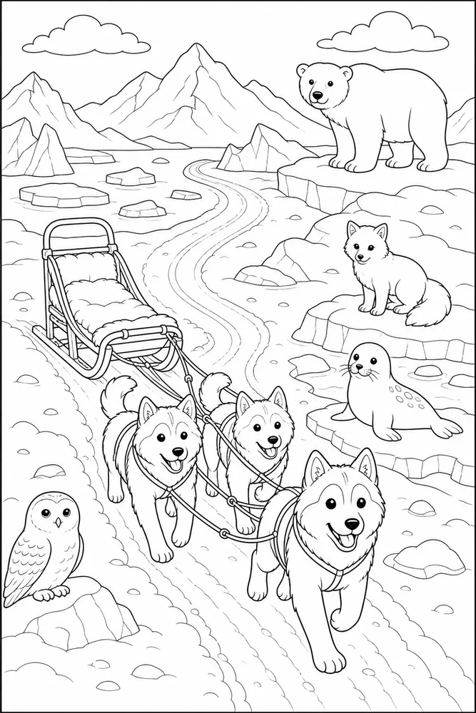 Arctic Animals Sled Trail coloring page