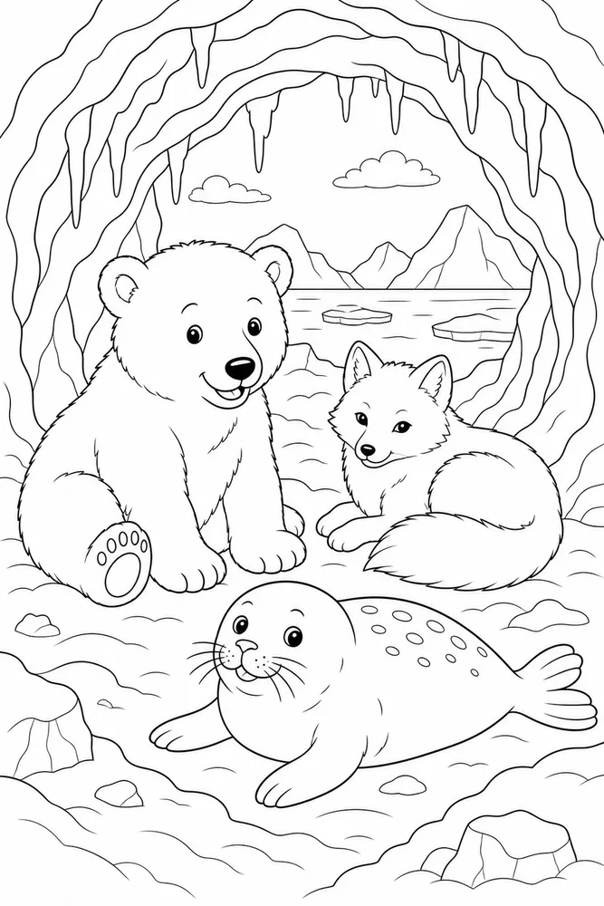 Arctic Animals Snow Cave coloring page