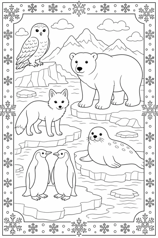 Arctic Animals Snowflake Border coloring page
