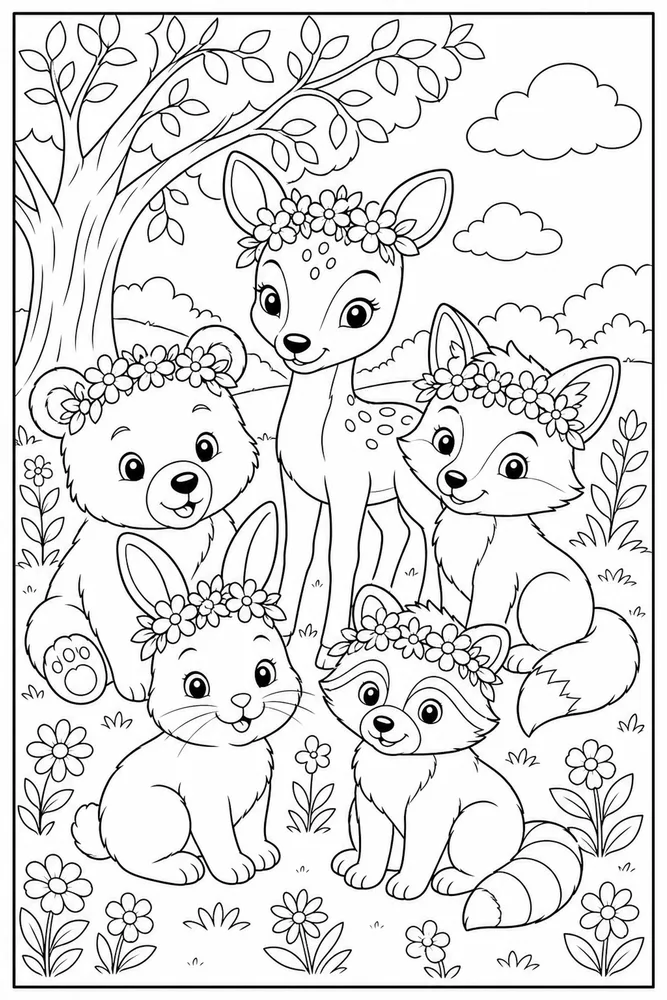 Baby Animals Flower Crown coloring page
