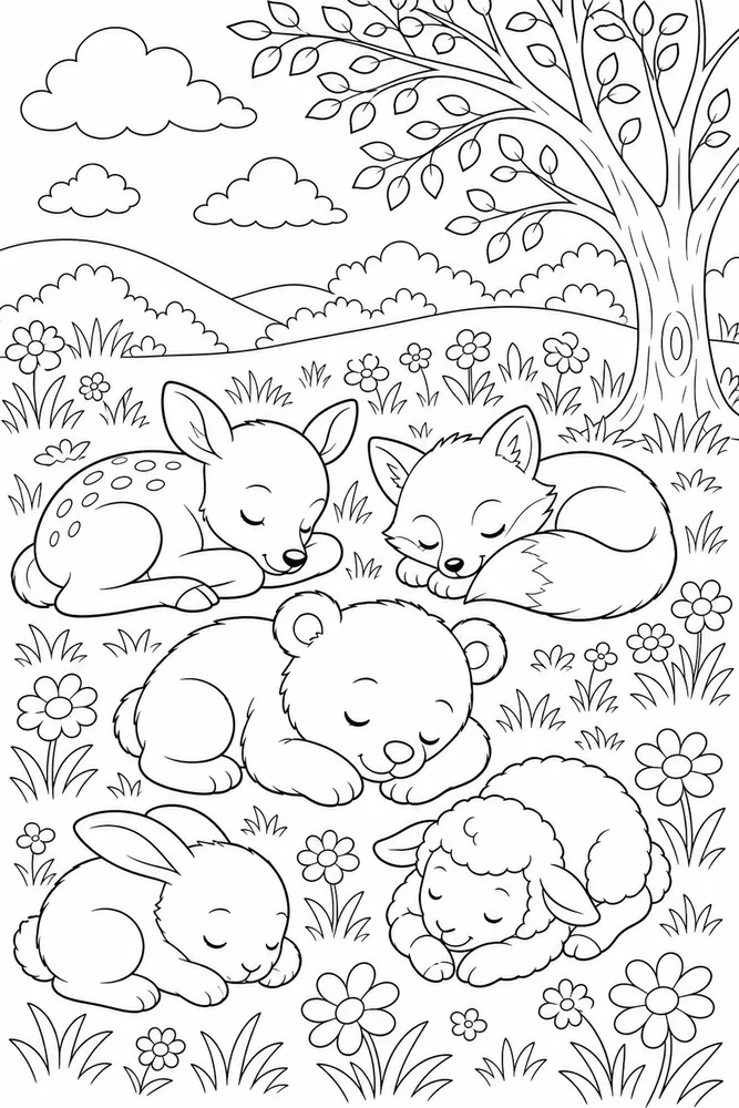 Baby Animals Meadow Nap coloring page