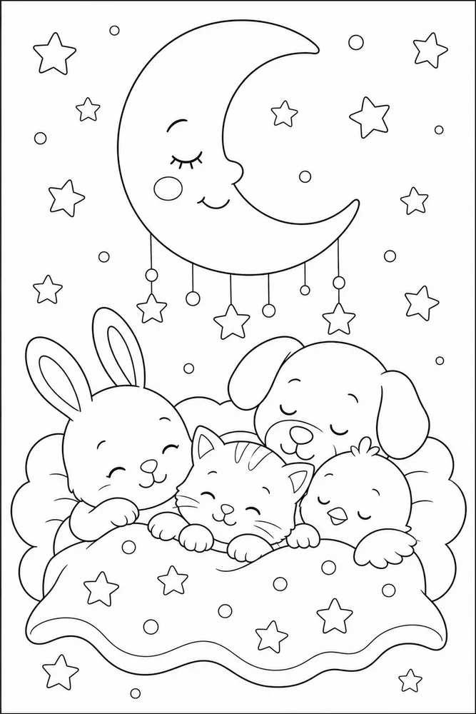 Baby Animals Sleepy Moon coloring page