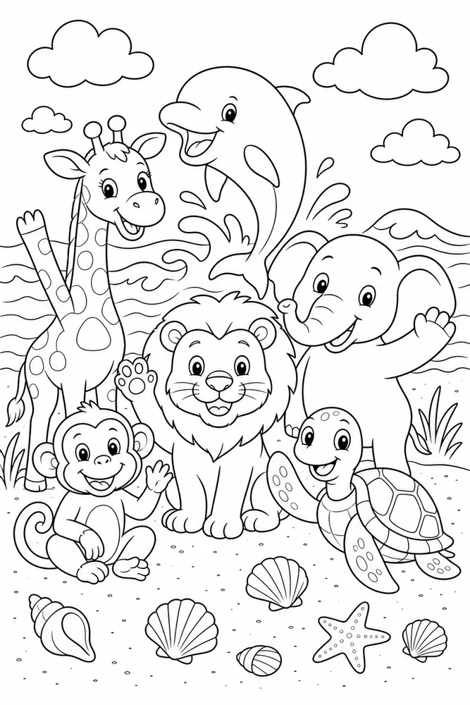 Cartoon Animals Playful Wave coloring page
