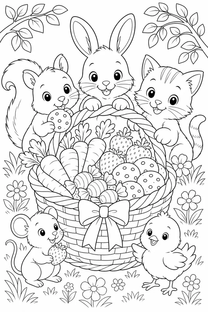Cute Animal Basket Of Treats coloring page