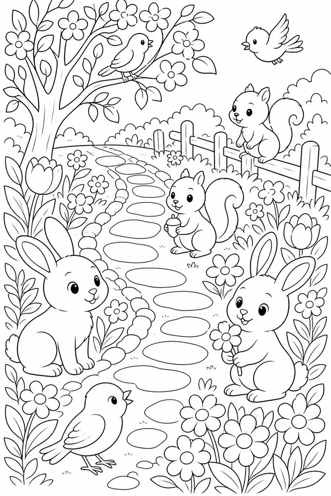 Cute Animal Flower Path coloring page