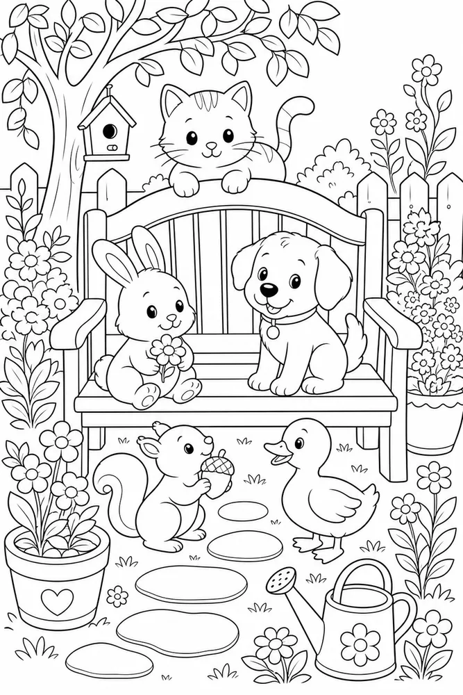 Cute Animal Garden Bench coloring page