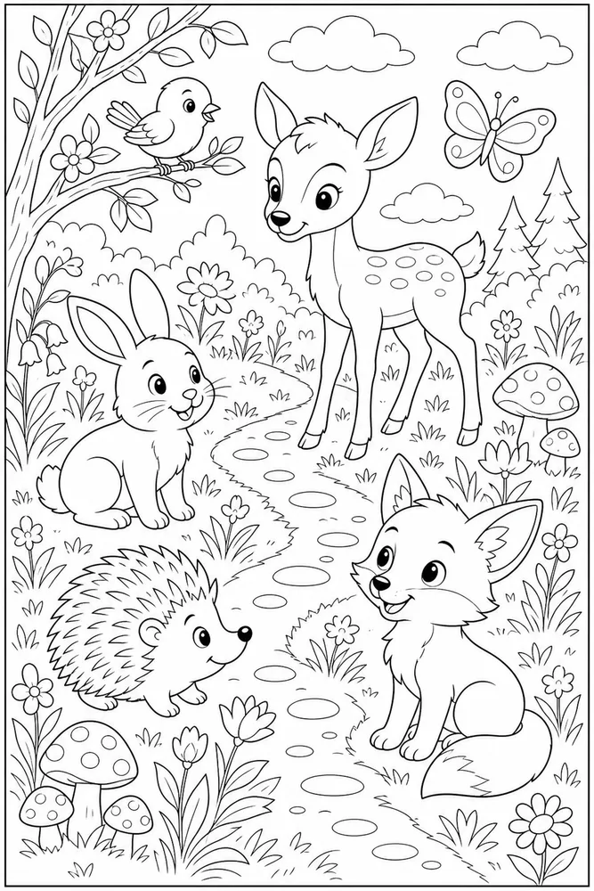 Cute Animal Storybook Meadow coloring page