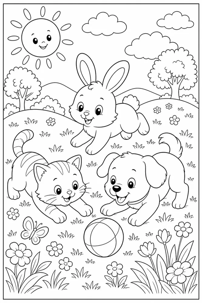Cute Animal Sunny Hill coloring page