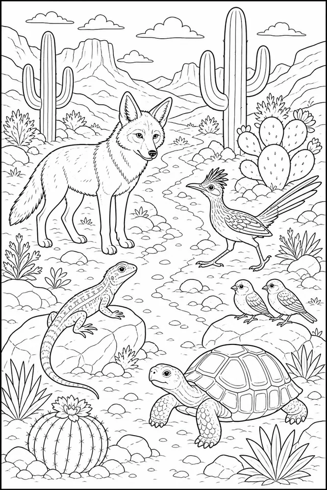 Desert Animals Cactus Trail coloring page