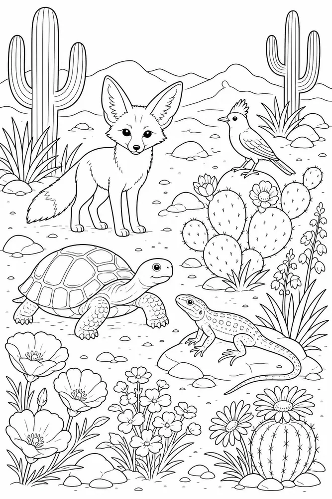 Desert Animals Desert Flowers coloring page