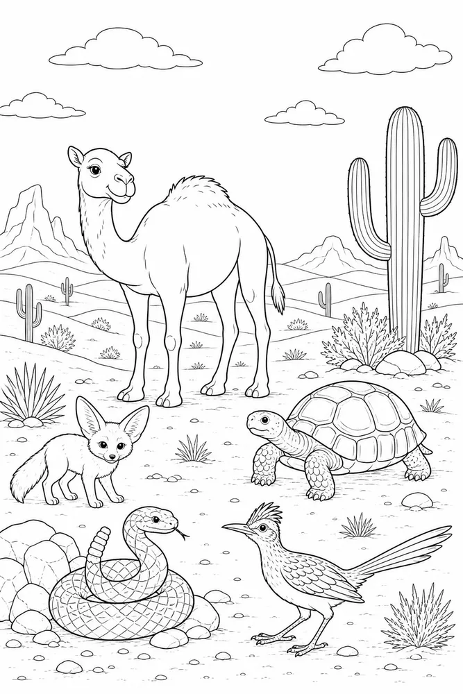 Desert Animals Wide Sky coloring page