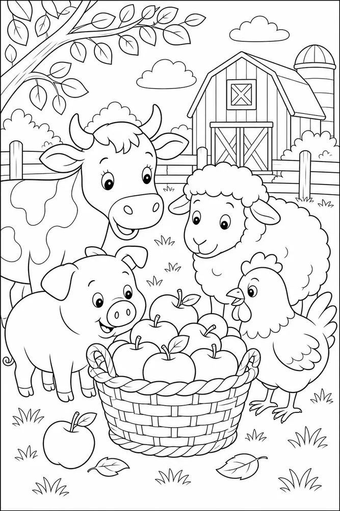 Farm Animals Apple Basket coloring page